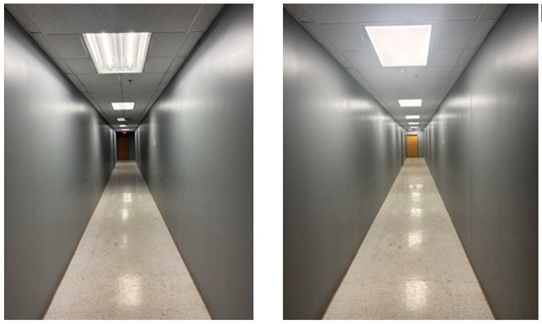 Before and after pictures of hallway with improved and sustainable lighting