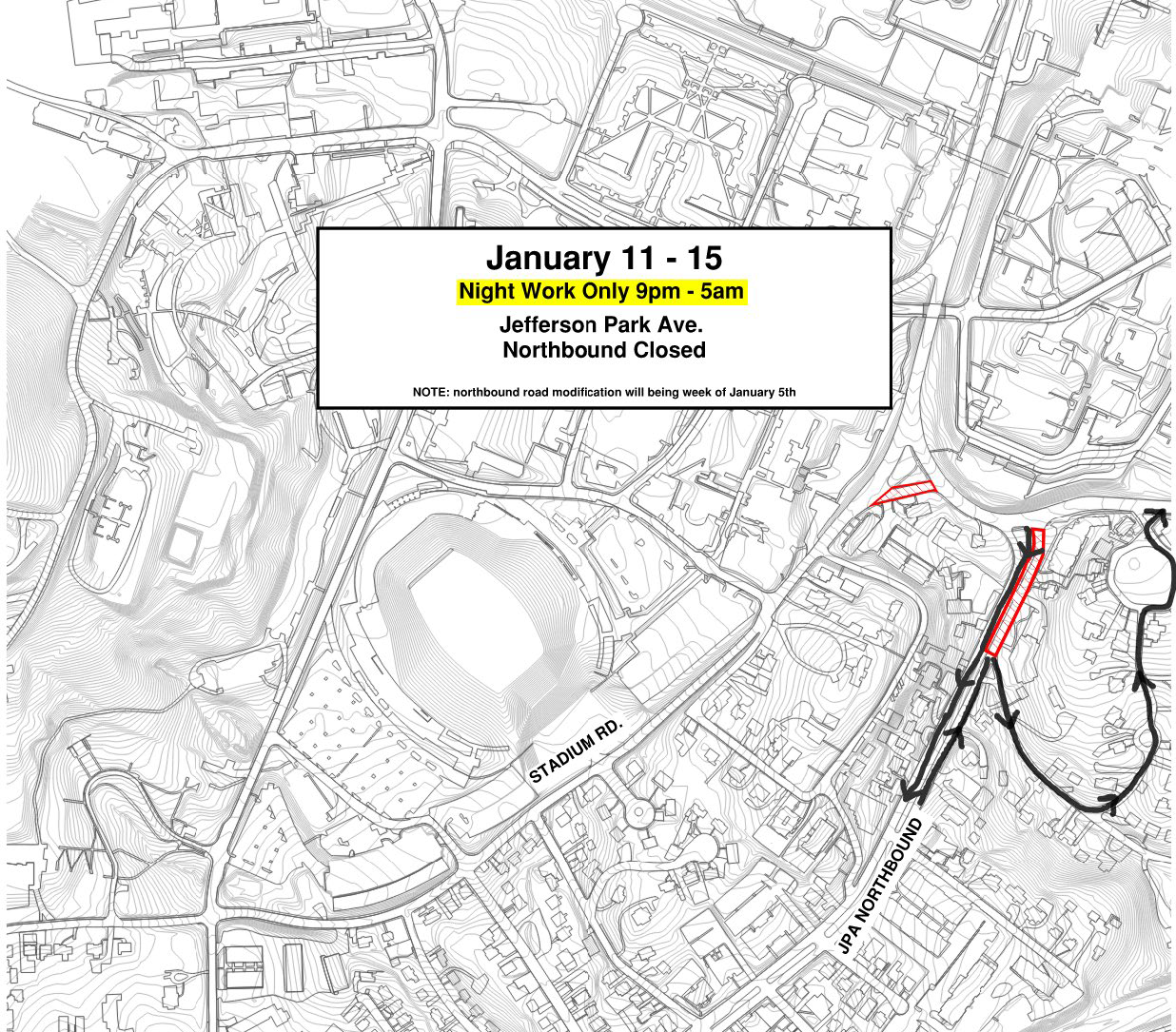 January 11-15, night work only 9 PM-5 AM, JPA northbound closed.