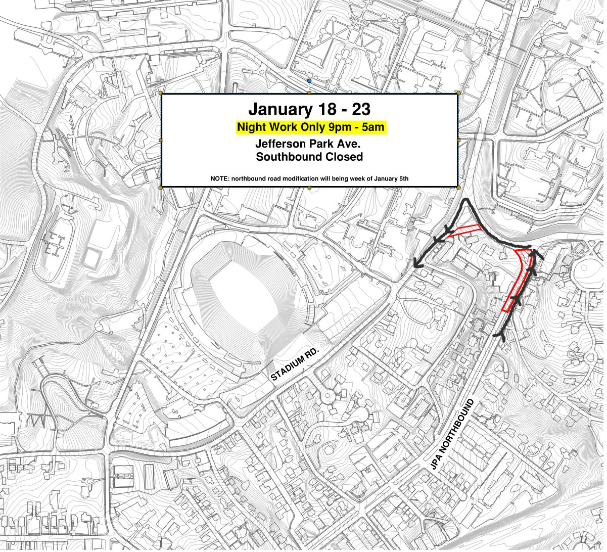 January 18-23, night work only 9PM-5AM. JPA southbound closed.